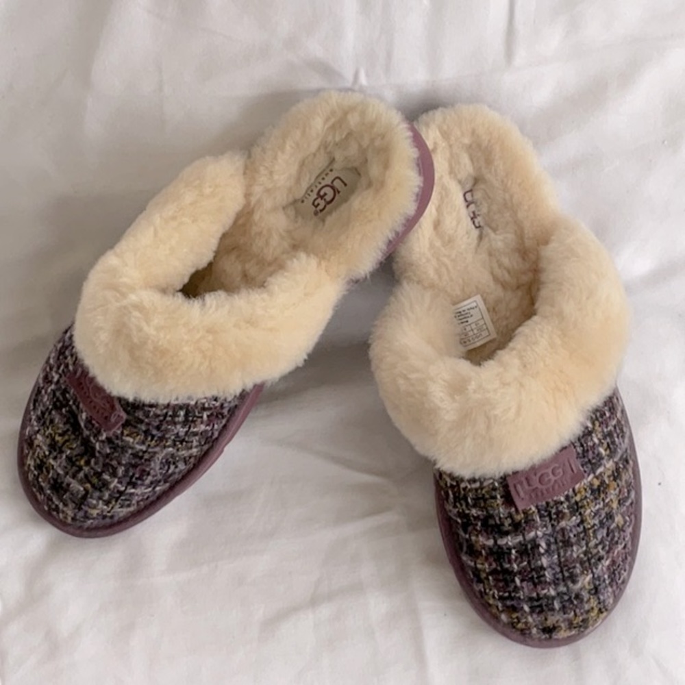 UGG Slippers.  Purple tweed with genuine shearling lining and trim. Size 10